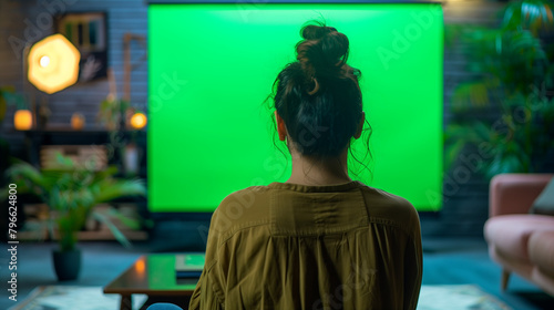 Woman in front of a green screen in a cozy room.