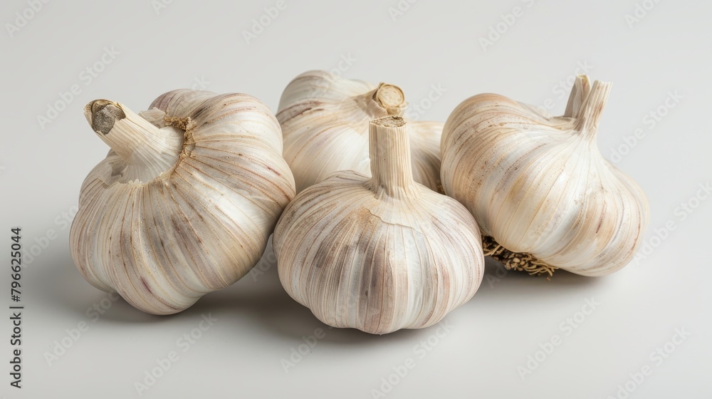 Obraz premium Educational image of garlic bulbs highlighting allicin content, isolated on white, showcasing immune and heart health benefits, studio lighting