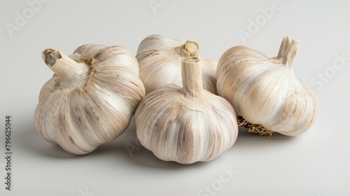 Educational image of garlic bulbs highlighting allicin content, isolated on white, showcasing immune and heart health benefits, studio lighting
