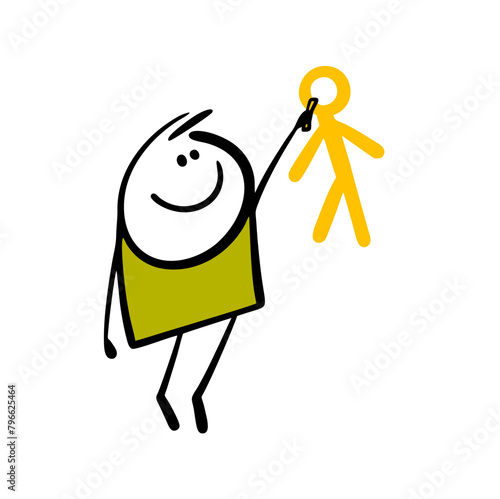 Happy boy draws with yellow chalk on the wall. Vector illustration of   small child hooligans on the street, dirties the building. Cartoon artist creates primitive art Isolated on white backgr