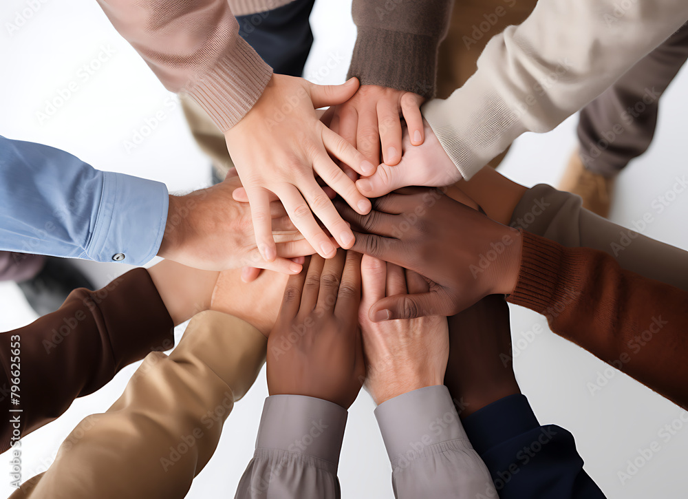 Diverse hands united, symbolizing teamwork, unity in diversity, and collaborative strength on a light background. Generative AI Diverse hands united, symbolizing teamwork, unity in diversity, and collaborative strength on a light background. Generative AI