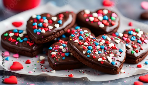 Chocolate hearts cookies with sprinkles for Valentines Day 