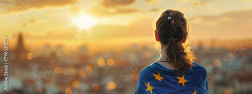  woman  European flag at sunset,  photo