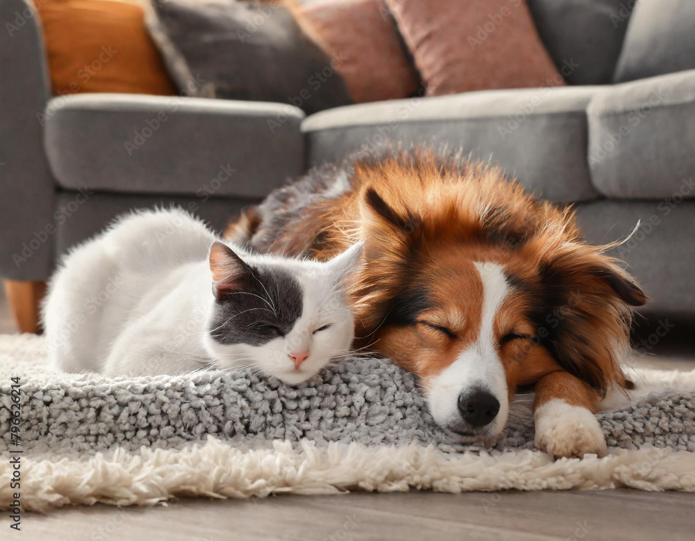 Collie dog and white and gray cat napping on gray carpet near gray couch in modern room 