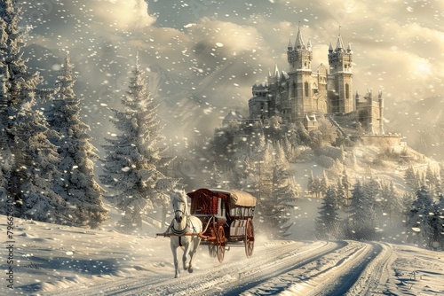 Old Castle Winter Landscape, Fantasy Kingdom Snow Landscape, Winter Castle, Copy Space © artemstepanov