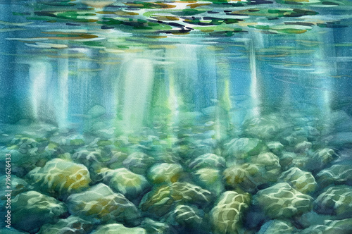 Sun rays and stones underwater watercolor background