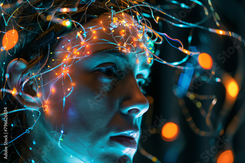 compelling photograph capturing the process of brainwave monitoring, with electrodes meticulously placed on a subject's scalp, highlighting the significance of neuroscientific rese photo