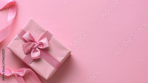A pink box with a bow on top sits on a pink background. The box is wrapped in pink ribbon and he is a gift © Дмитрий Симаков
