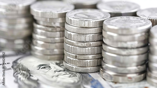 A stack of silver coins on top of a stack of green paper with the word "money" on it