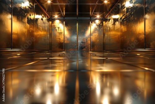 Empty room with glossy reflection walls, floor and ceiling, abstract golden background. Generative AI