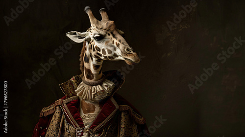 Giraffe dressed up in historical costume