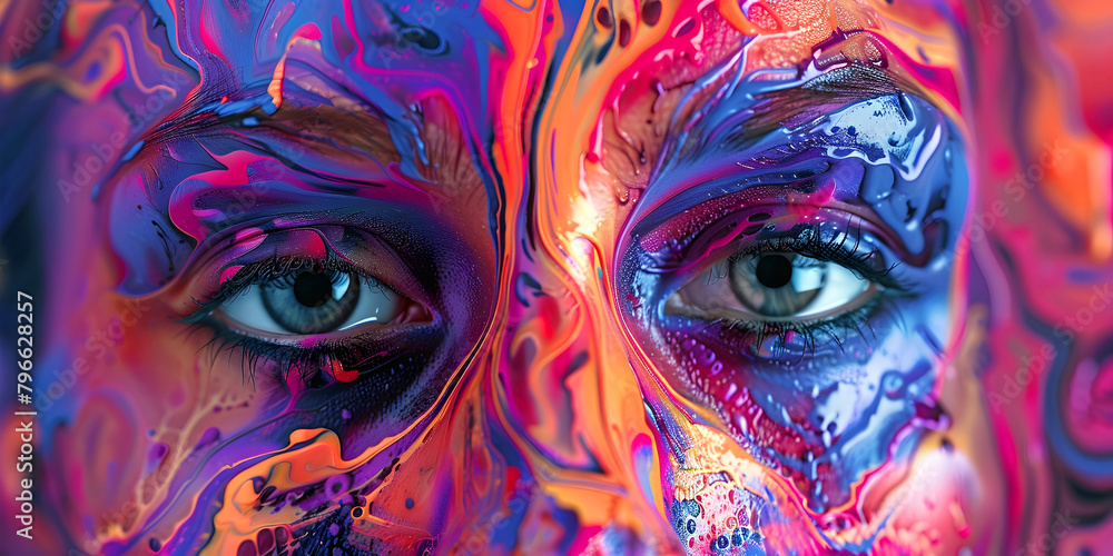 female with colorful liquid on her face. AI generated.	