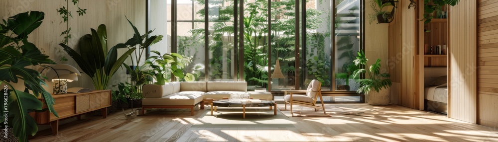 The interior of a modern house with large windows and lots of plants.