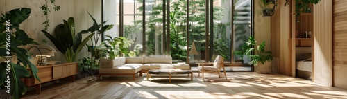 The interior of a modern house with large windows and lots of plants.