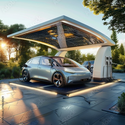 The prompt is:.A futuristic car is being charged at a solar-powered charging station. The car is silver and the charging station is white. The sun is setting in the background.