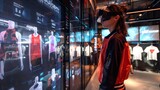 Woman wearing virtual reality headset shopping for clothes in a store.