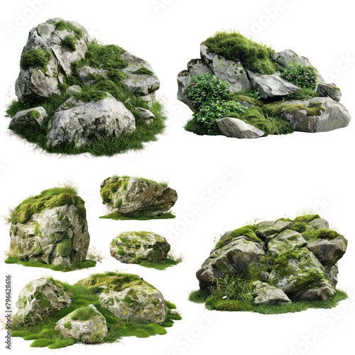 Mossy Rocks on Grassland Cut-Out, The Rock and Grass Landscape, Rock and Moss on Grassy Hill, Isolated on Transparent Background