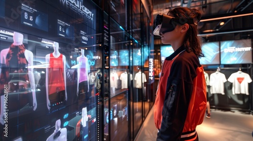 Woman wearing virtual reality headset shopping for clothes in a store. photo