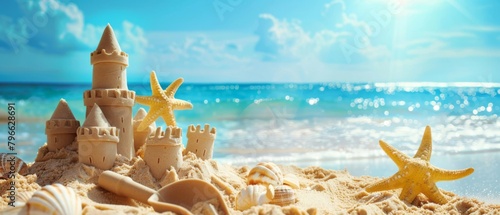 Fototapeta Naklejka Na Ścianę i Meble -  Landscape summer vacation holiday travel ocean sea background panorama - Close up of sand castle and sand shovel on the beach, sunshine