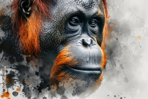 intimate sumatran orangutan face with vibrant orange fur and paint splatter effect for endangered species awareness