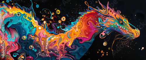 Colorful psychedelic neon painting of melting dragon,black backg