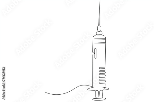  One continuous line drawing of medical disposable plastic syringe with needle applicable for vaccine injection