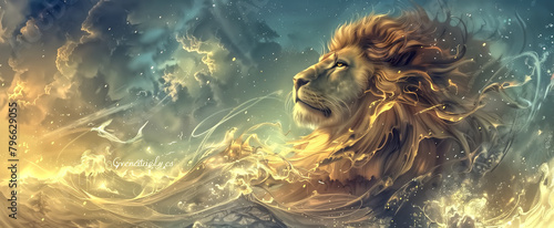 fantasy magic lion with natural background