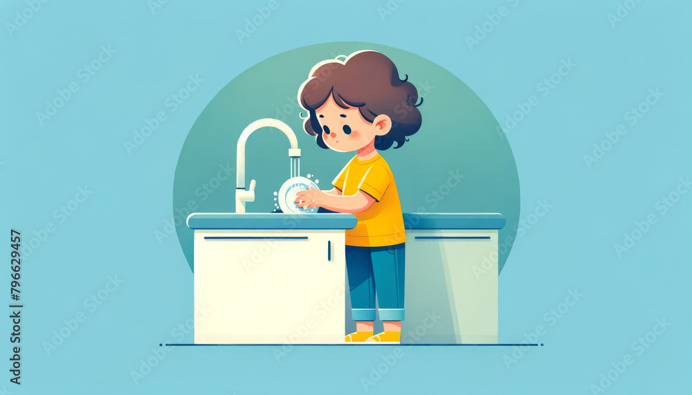 Diligent Young Child Concentrated on Washing Dishes at the Kitchen Sink, with Soap and Bubbles. Diligent Young Child Concentrated on Washing Dishes at the Kitchen Sink, with Soap and Bubbles.