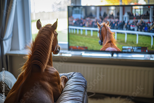 A horse animal watching horse racing and sports betting statistics in the living room sitting on the sofa. Betting house. Generative AI.