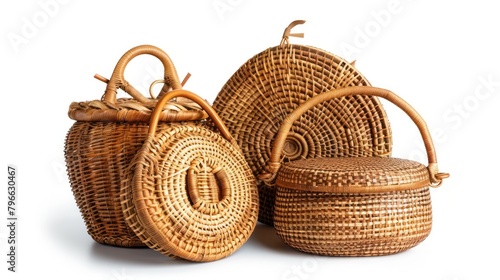 Knitted water hyacinth and rattan bag Homemade handicrafts isolated on white background. photo