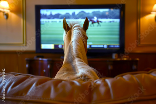 A horse animal watching horse racing and sports betting statistics in the living room sitting on the sofa. Betting house. Generative AI.