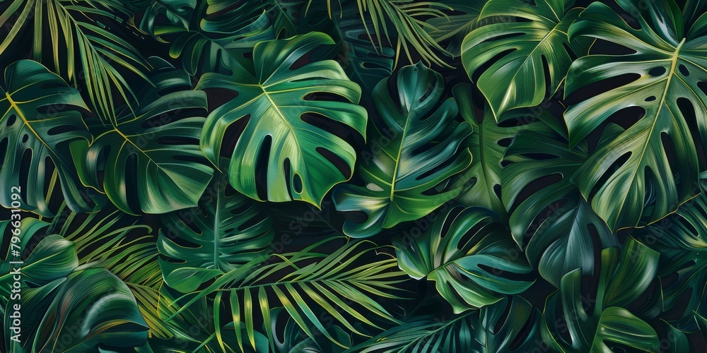 Tropical pattern with beautiful monstera, palm leaves. Dark vintage 3D illustration. Glamorous exotic abstract background design. Good for luxury wallpapers, fabric printing, goods. High quality photo Tropical pattern with beautiful monstera, palm leaves. Dark vintage 3D illustration. Glamorous exotic abstract background design. Good for luxury wallpapers, fabric printing, goods. High quality photo
