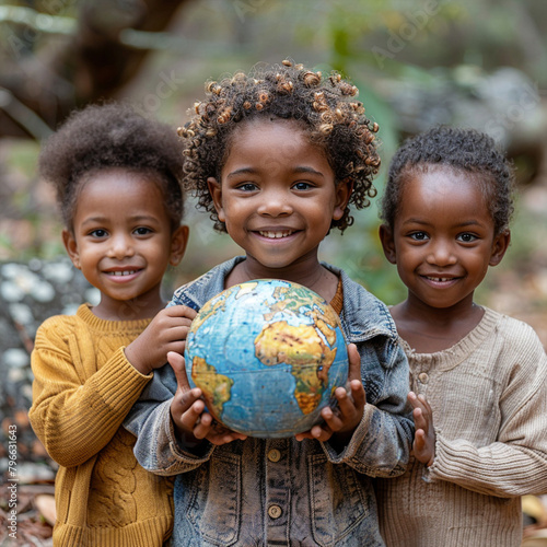 International day of peace concept with African Children holding earth globe. Group of African children holding planet earth over blurry nature background with copy space ai technology