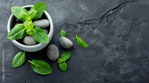A bowl of mint leaves and pebbles on a black stone surface. The pebbles are scattered around the bowl of mint leaves, creating a sense of calm and relaxation