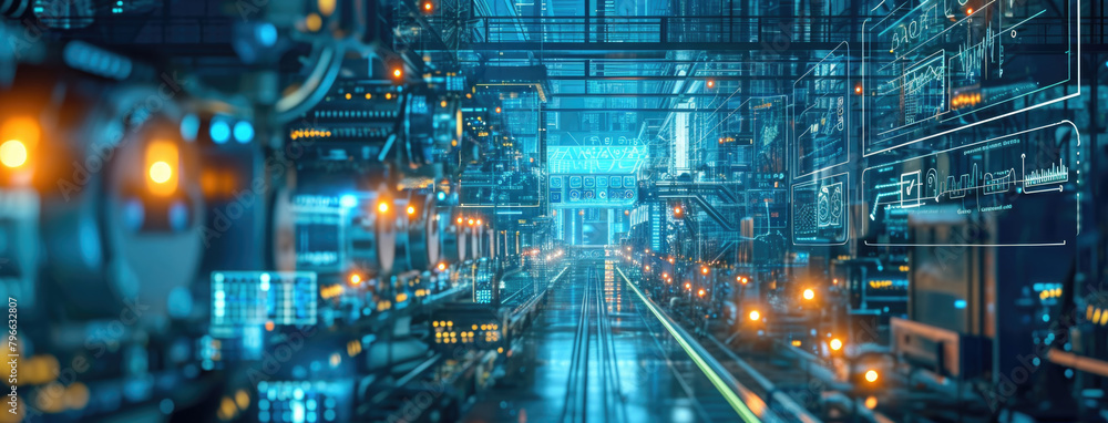 3D rendering of a futuristic interior of a factory with neon lights 3D rendering of a futuristic interior of a factory with neon lights