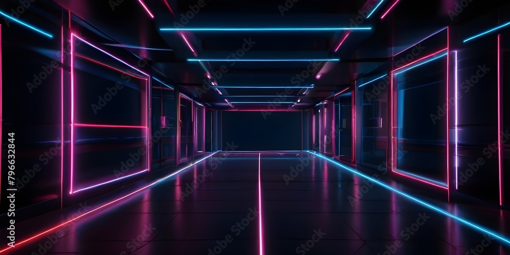 Fototapeta premium Nightclub advertisements, event promotions, party invitations, laser show designs,Abstract Neon Light Geometric Background: Glowing Neon Lines in Futuristic Stage