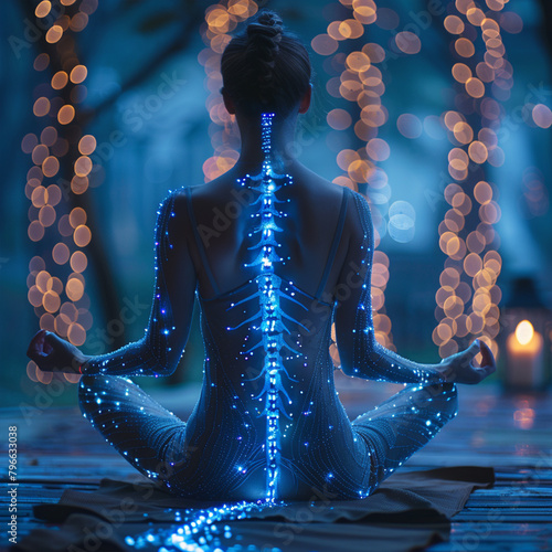 Woman meditating with glowing spine hologram ai technology