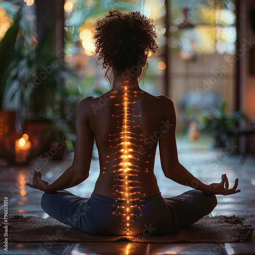 Woman meditating with glowing spine hologram ai technology
