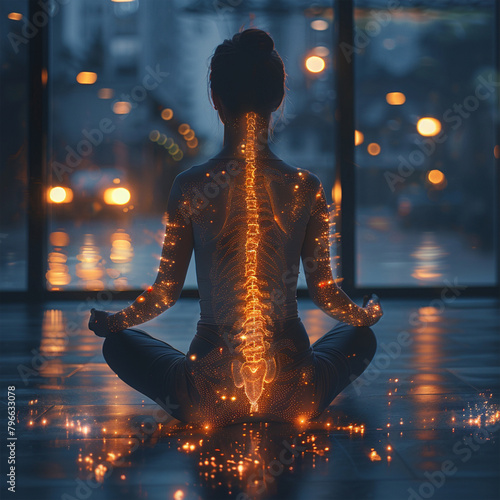 Woman meditating with glowing spine hologram ai technology