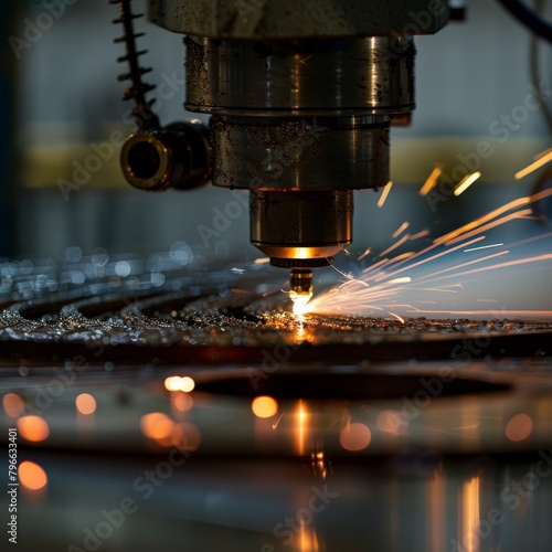 CNC LPG Cutting with Sparks Close Up, Copy Space, Macro Photography, Metalwork Industry, Cnc Cut