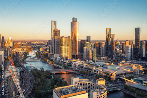 Panorama of downtown Melbourne from high point. Australia. Drone photo of skyscrapers before sunset. photo