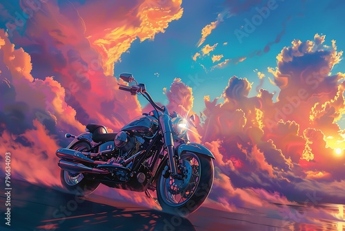 A retro-futuristic motorbike with chrome accents, set against a backdrop of swirling pastel clouds at dawn