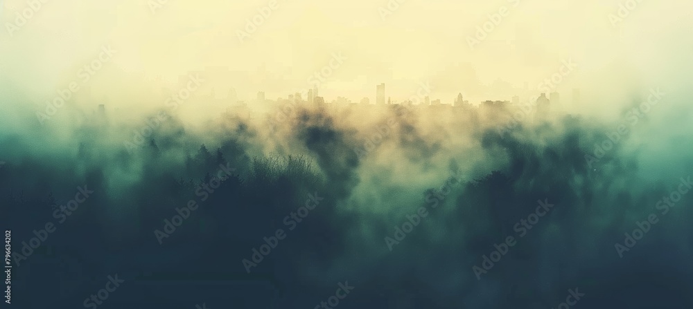 Urban skyline obscured by mist, evoking eerie and atmospheric cityscape ambiance