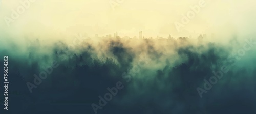 Urban skyline obscured by mist  evoking eerie and atmospheric cityscape ambiance