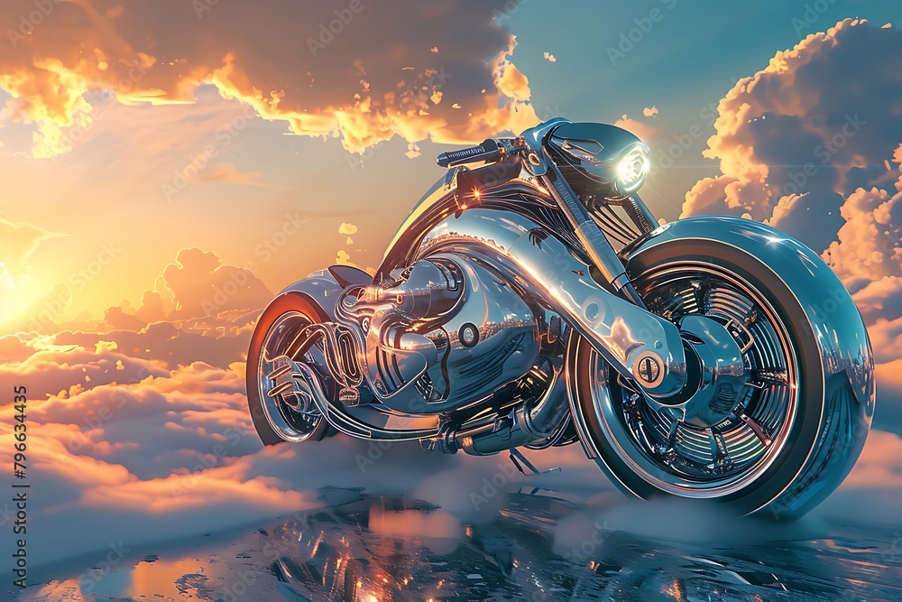 A retro-futuristic motorbike with chrome accents, set against a backdrop of swirling pastel clouds at dawn