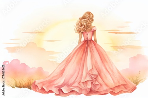 Princess, Princess in a rosecolored gown, golden sunset, children book watercolor clipart