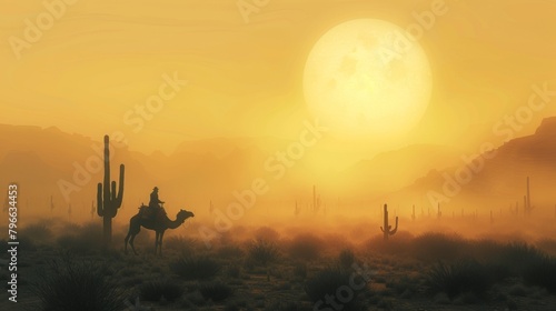 The soft glow of the setting sun casts a dreamy haze over the desert landscape creating a blurry backdrop for the dark silhouettes of cacti and a nomadic figure on their camel. .