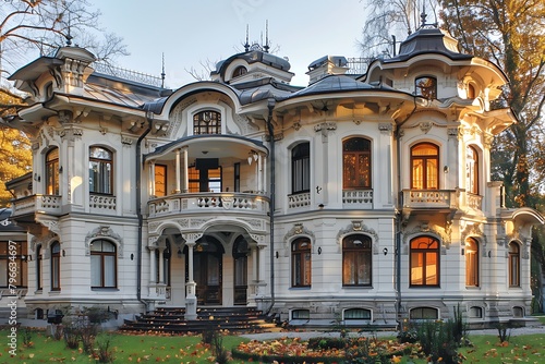 A picturesque white house  designed in the Art Nouveau style
