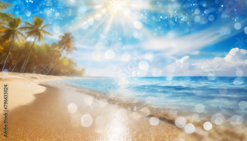 Natural blurred defocused background for concept summer vacation. Nature of tropical summer beach with rays of sunlight. Light sand beach, ocean water sparkles against blue sky