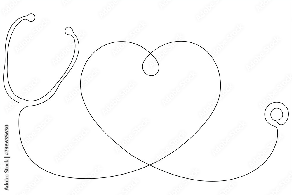 Continuous one line art drawing of stethoscope with heart beat wave ...